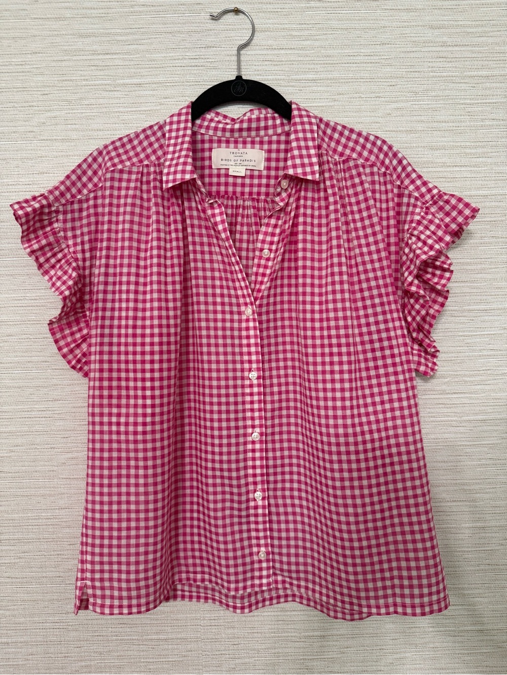Trovata Pink and White Gingham Ruffle-Sleeve Button-Down